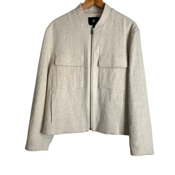 BANANA REPUBLIC Bella Bomber Jacket Cotton Linen Full Front Zip Cream W's Large - Picture 3 of 11